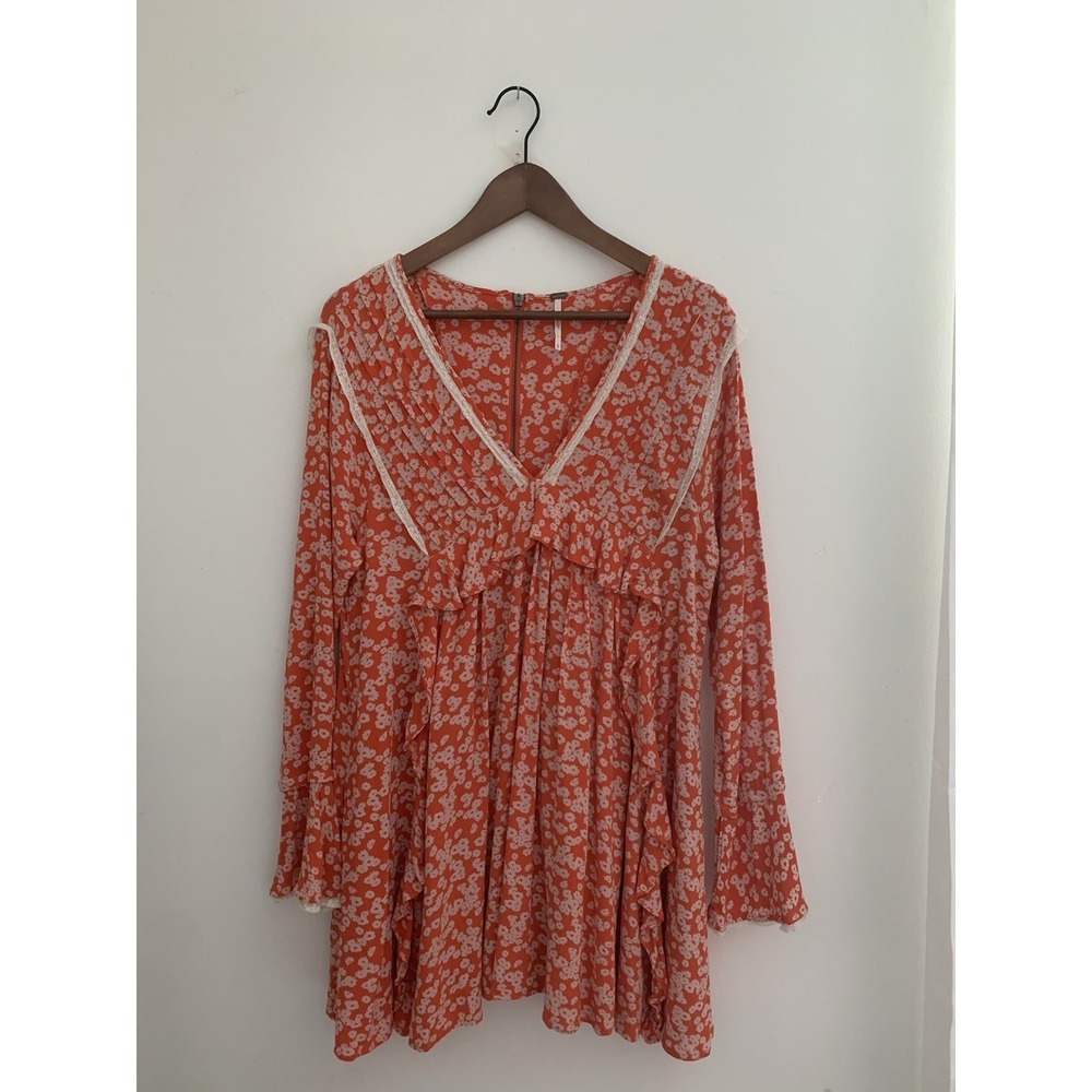 Free People Like You Best Red Floral Printed Ruffle Mini Dress Sz S Boho Hippie